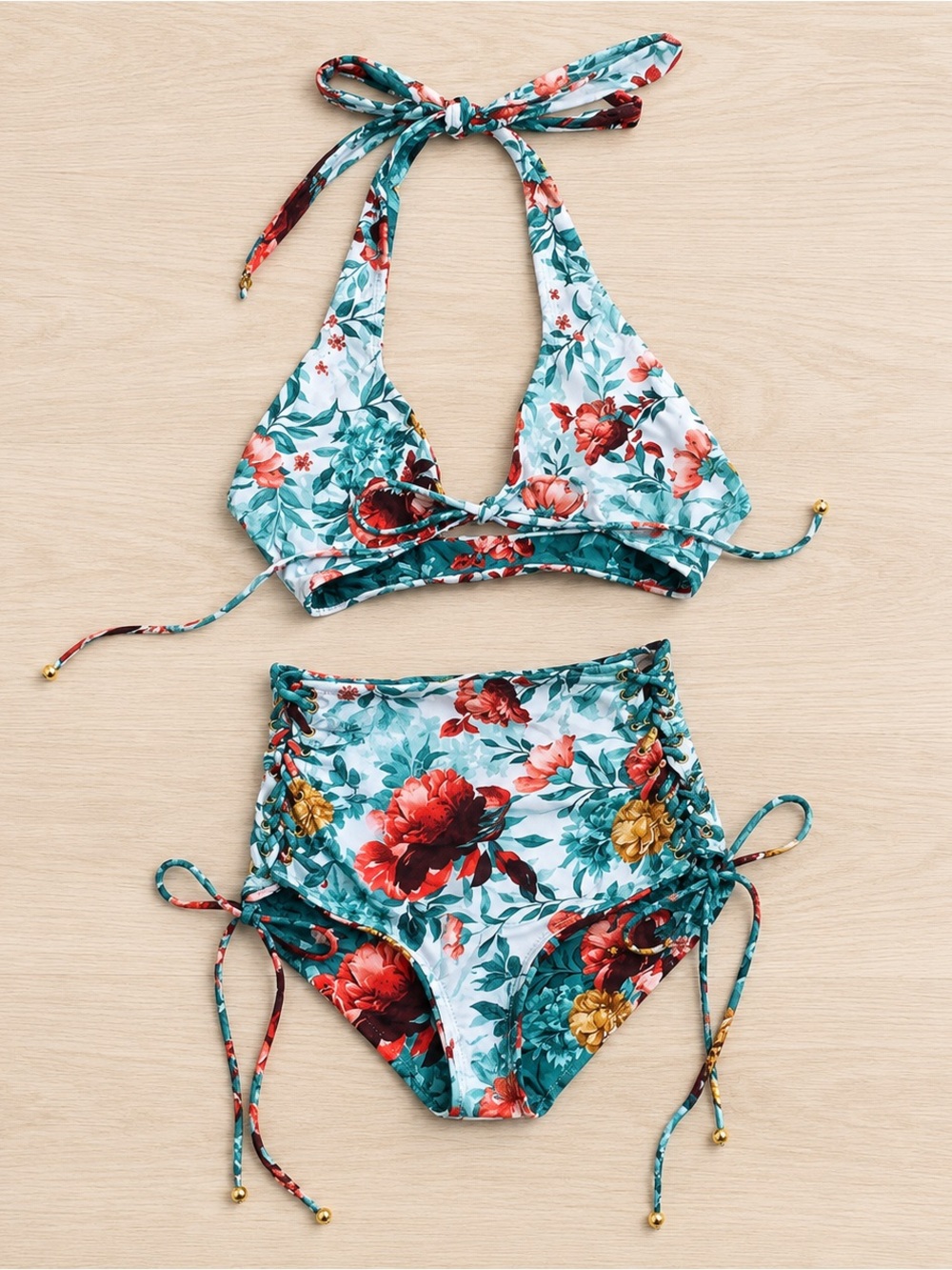 NWOT Boamar REVERSIBLE Floral TropicalTeal high waisted Women's Bikini Set